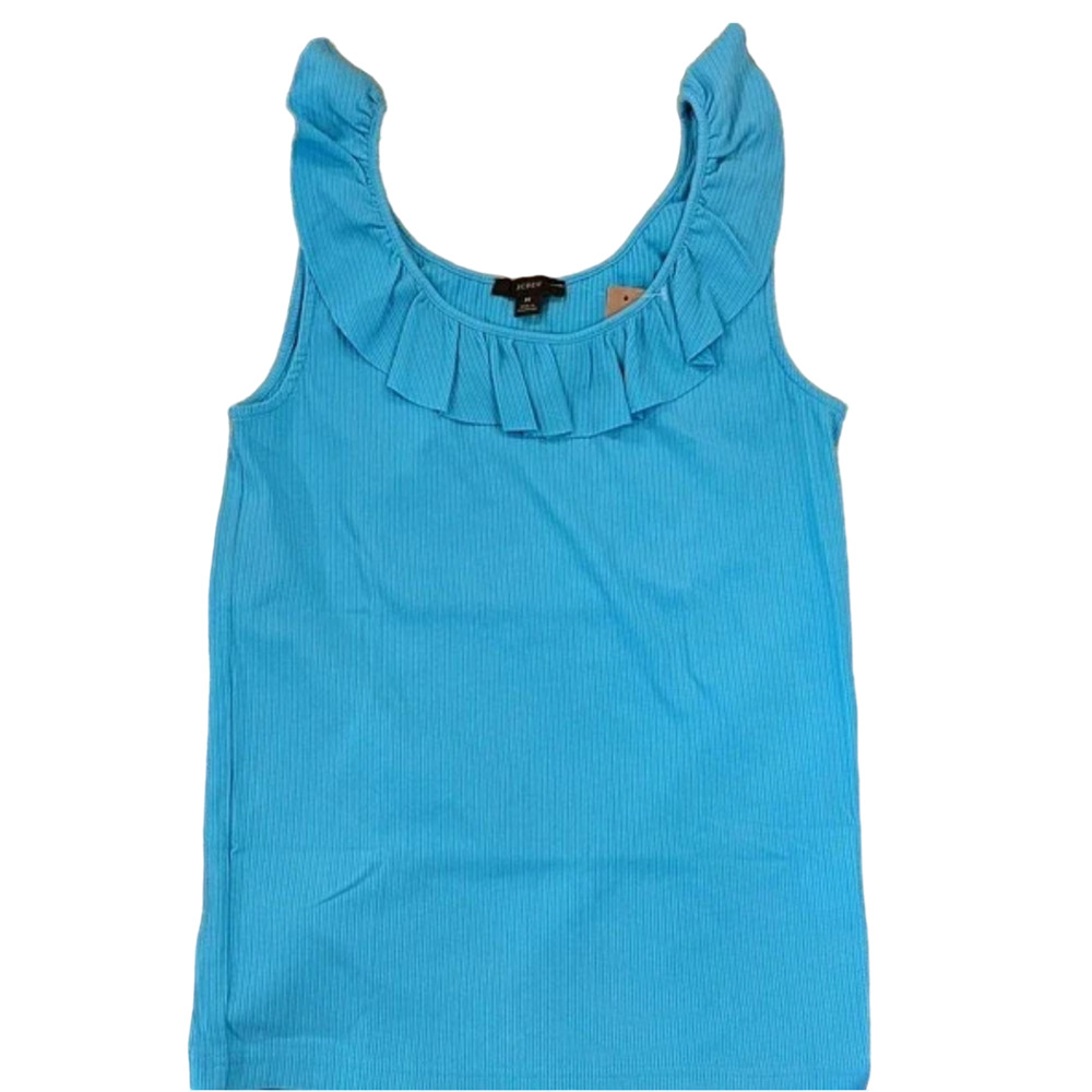 NWT J Crew Turquoise Ruffle-Neck Ribbed Tank Top - Picture 2 of 7